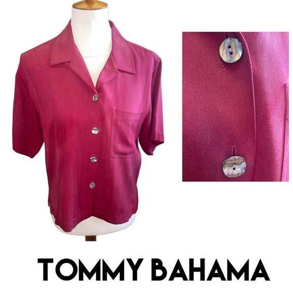 Tommy Bahama RARE 100% Silk Cropped Maroon Color Women’s Abalone Button Front Bl - Picture 1 of 15